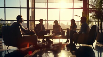 Silhouette of startup business team. Meeting on the couch. Big open space office. Five people. Intentional sun glare and lens flares. Wide screen, panoramic 