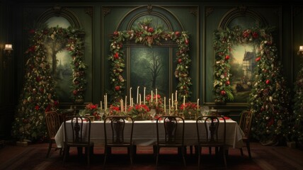 Fototapeta na wymiar Christmas backdrop adorned with holly and lush fir branches, leaving ample space for text or greetings.
