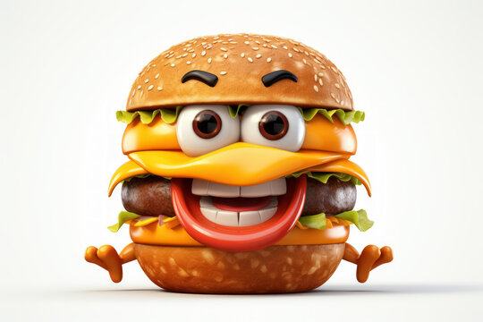 Cartoon hamburger with legs, big eyes and a smile on a kind expression, delicious fast food on a white background. Funny picture for notebook, pizzeria, cafe, fast food, street food menu - Powered by Adobe