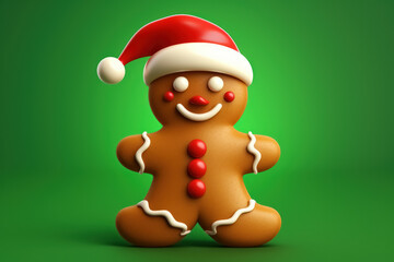Obraz premium On green background of isolated gingerbread cookie in santa hat, symbol of joy during the Christmas season, adorned with a glossy glaze