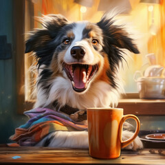 Portrait cute, happy, fluffy, spotted, domestic, young collie dog sits at the table in the morning with cup of coffee and waits for the owner