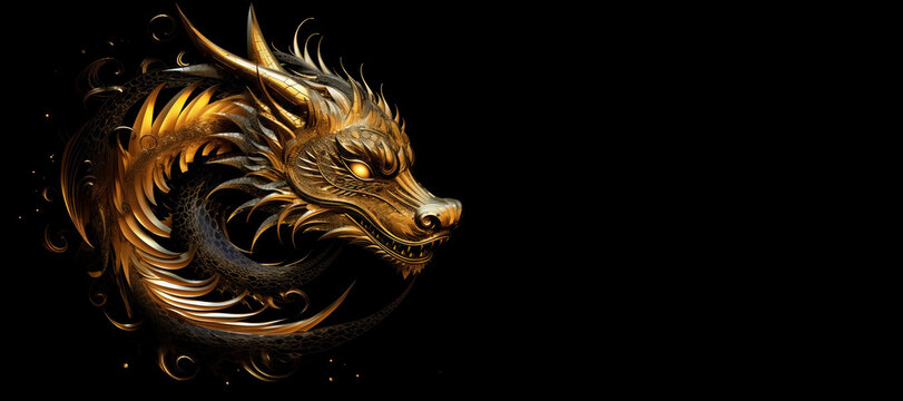 Metal and gold digital dragon head in dynamic expression isolation on black backdrop with copy space, creating picture with touch of fantasy