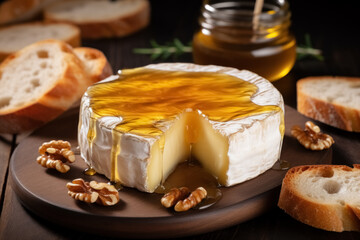 Soft Camembert cheese paired with toasted bread and honey, presented on rustic wooden background