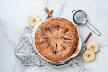 Delicious homemade apple pie with Flaky Crust. American traditional pastry. Flat lay. Fresh summer...