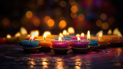 conjunto de velas de colores encendidas para fiesta diwali dentro de portavelas  sobre mesa y fondo desenfocado dorado - obrazy, fototapety, plakaty