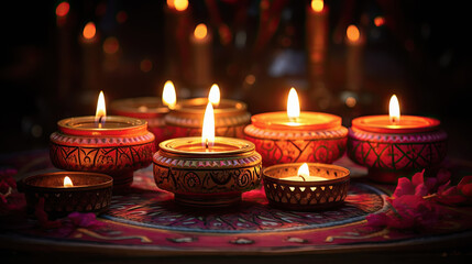 conjunto de velas encendidas para fiesta diwali dentro de portavelas  sobre mesa decorada con flores y fondo desenfocado - obrazy, fototapety, plakaty