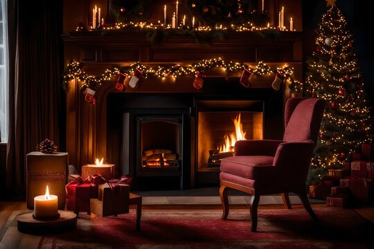 A heartwarming scene featuring a beautifully decorated fireplace, an inviting chair, and festive Christmas decorations, creating a warm and welcoming holiday haven for relaxation and joy.