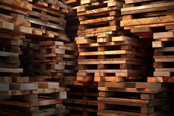 Close-up rendering of stacked wooden pallets. Generative AI
