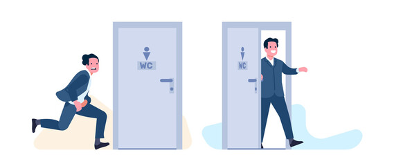 Man with diarrhea runs to bathroom. Happy guy comes out of WC. People rush to public toilet. Stomach or bladder disease. Poo and urination problem. Hurry to lavatory. png concept