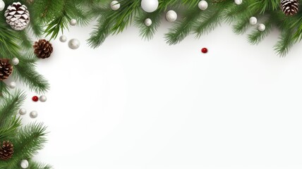 Obraz na płótnie Canvas Christmas banner featuring holly and fir elements against a light background, offering abundant space for your custom text.