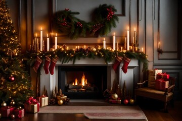 A heartwarming scene featuring a beautifully decorated fireplace adorned with festive decorations and candles, with a charming Christmas tree standing nearby, creating a warm and joyful holiday atmosp