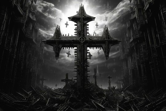 Black and white horror image of large cross surrounded by smaller crosses. Generative AI