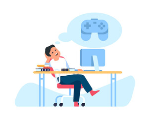 Boy doesnt want to study. Guy dreams of playing games. Man sitting and imagining joystick. Employee working at computer. Procrastinating person. Daydreaming at workplace. png concept