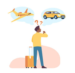 African American man chooses way transportation for traveling. Dilemma between plane or car. Thoughtful person making decision. Aircraft or automobile. Solve question. png concept