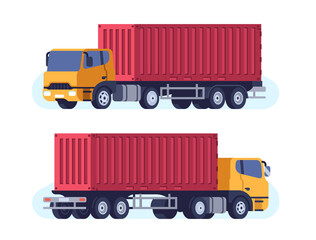 Cargo truck for transportation of large sea containers. Lorry freight delivery. Auto trailer with heavy box. Automobile side view. Warehouse logistics. Goods trucking. png concept