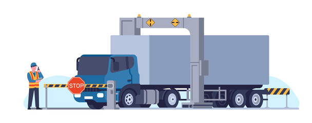Customs inspector checks truck with state of arc X-ray scanner. Smuggling goods. Worker scanning cargo automobile. Lorry control. Freight transportation and delivery. png concept