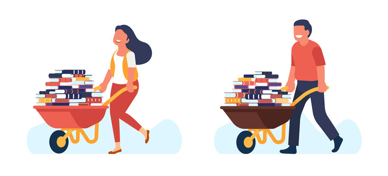 Gaining knowledge. Young guy and girl driving wheelbarrow full of books. Self education. Studying man and woman. People pulling carts with textbooks. Reading literature. png concept