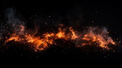 Isolated fire particle debris set against a black background, providing ample space for text or additional elements. This composition has a cinematic film effect