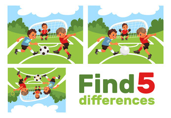 Obraz na płótnie Canvas Find 5 differences. Educational game for children. Kids play football at sport playground. Worksheet with correct answer. Soccer match. Brainteaser task. Puzzle page design. png concept