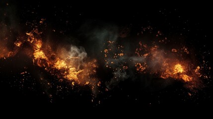 Isolated fire particle debris set against a black background, providing ample space for text or additional elements. This composition has a cinematic film effect - obrazy, fototapety, plakaty
