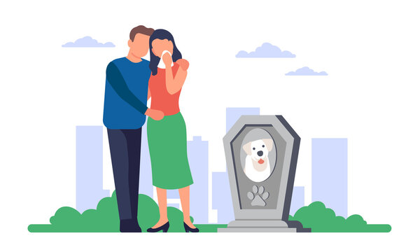 Sad young male and female couple standing near grave of their dog in cemetery. People mourn dead puppy. Pet owners despair and cry. Memorial tomb for domestic animal. png concept