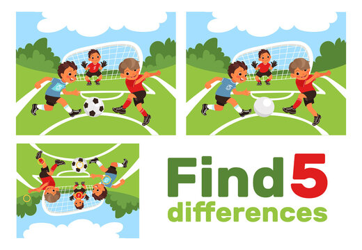 Find 5 differences. Educational game for children. Kids play football at sport playground. Worksheet with correct answer. Soccer match. Brainteaser task. Puzzle page design. png concept