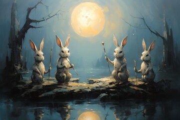 Playful moon rabbits, bestowing luck and fortune to those who encounter them - Generative AI