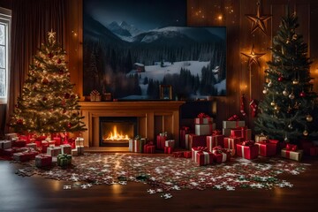 Obraz premium Step into a holiday wonderland with two beautifully decorated Christmas trees and an array of gifts, all set in a room with a charming small fireplace chimney. Embrace the festive spirit and warmth of