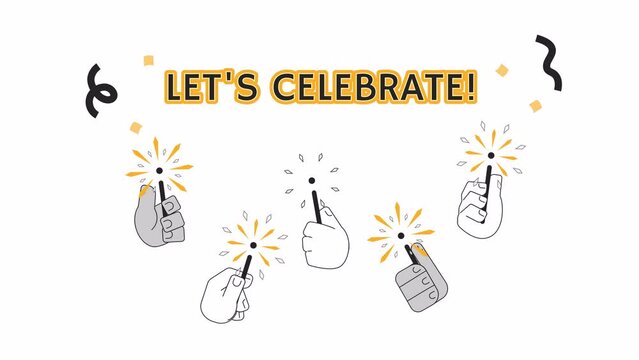 Lets celebrate monochrome greeting card animation. Sparks bengal lights holding hands 4K video motion graphic. Fireworks sparklers 2D black and white postcard animated ecard cartoon isolated on white