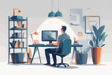 young male character sitting in office desk and working with laptop, computer with books, books and lamp, education and technology concept.young male character sitting in office desk and working with 
