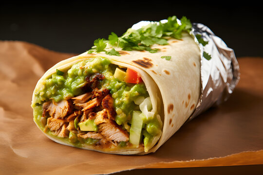 Imagen de un burrito con guacamole y sus ingredientes cortado trasversal.