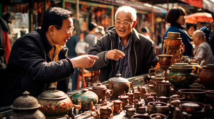 Fototapeta premium Journey into Beijing's Hutongs: Vendor's Enthusiastic Tale of Cloisonné Enamelware in a Bustling Market - Inviting Passersby to Explore the Craftsmanship of Chinese Art.