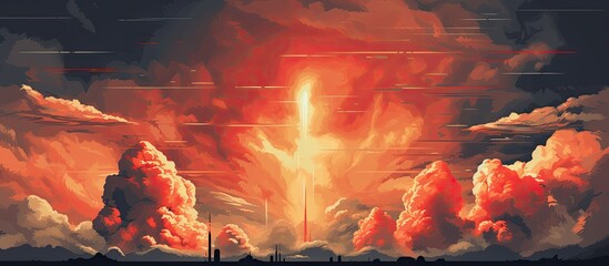 Nighttime rocket launch with fiery clouds and warhead armed nuclear missiles targeted at a dark sky - obrazy, fototapety, plakaty