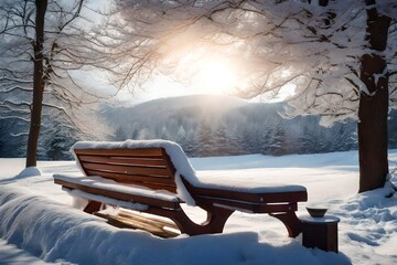 A tranquil winter scene featuring a snow-covered bench basking in the warm sunlight, offering a serene and picturesque moment of seasonal tranquility.