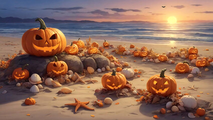 Halloween on a beach. Smile Pumpkins, starfish and seashells on the seashore at Afternoon sunset
