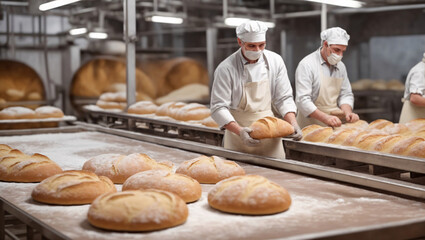 Bread is produced on an industrial scale in bakeries. Bakery workers bake bread, and modern bakers are actively involved in creating and kneading dough in the bakery shop - obrazy, fototapety, plakaty