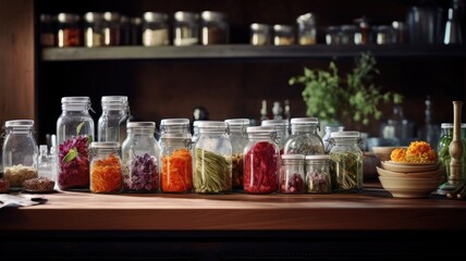 a set of glass jars neatly arranged, each filled with vibrant spices, capturing the essence of contemporary culinary aesthetics.