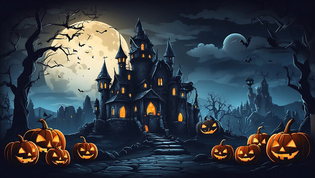 Halloween midnight background image with spooky castle and smile pumpkins cartoon style
