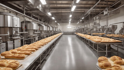 Bread production using modern machines and conveyor belts. This is a process focused on the production of bread in large volumes, intended for supply to shopping centers - obrazy, fototapety, plakaty