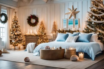 Step into a bedroom transformed into a holiday wonderland, adorned with golden Christmas trees and enchanting decorations, creating a warm and festive retreat.