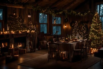Fototapeta na wymiar Step inside a cozy wooden cabin, where a crackling fireplace, a beautifully decorated Christmas tree, and a festive dining table set for a holiday feast create a warm and inviting holiday retreat