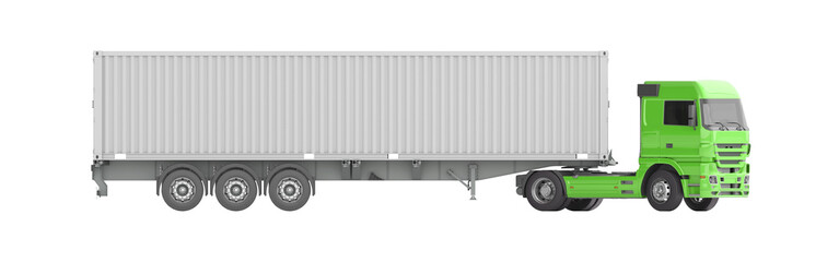 A green truck with a trailer on which a sea container is located. 3d illustration. Orthographic view. Isolated on a white background.