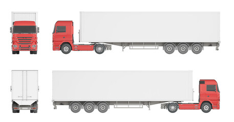 Mock-up of a truck with a semi-trailer on a white background for vehicle branding, corporate identity. 3d illustration. Front, back, right and left view.