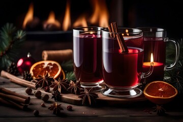 A warm and inviting scene of a crackling fireplace, complemented by a glass of aromatic mulled wine with spices – the perfect setting for a cozy and relaxing evening.