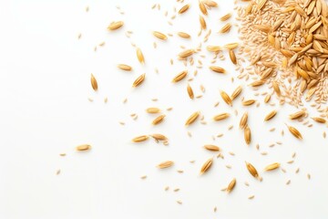 Barley malt grains floating on a white background. Generative AI
