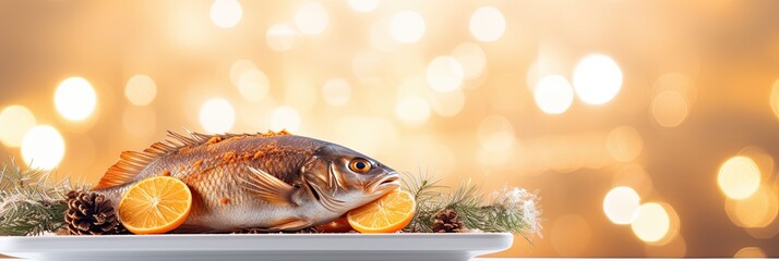 Feast of the Seven Fishes. Fried fish on a Christmas background.