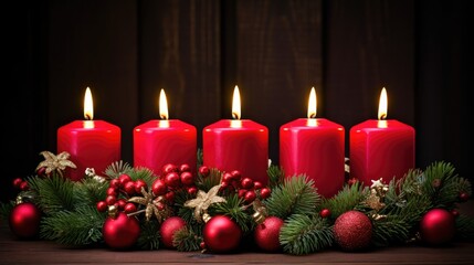 Obraz na płótnie Canvas Christmas glowing burning candles, lights and holiday decorations Advent Background. Christmas Decoration With Ornament. Festive mood. Cozy, magical home atmosphere..
