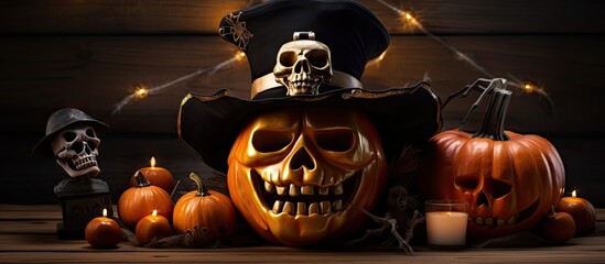 Pirate themed jack o lantern surrounded by Halloween decorations and pumpkins on wooden table no people
