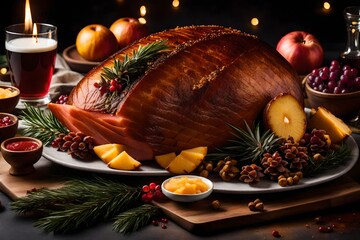 A magnificent Christmas table adorned with holiday decor and featuring a mouthwatering roast turkey as the centerpiece, setting the stage for a sumptuous holiday feast.