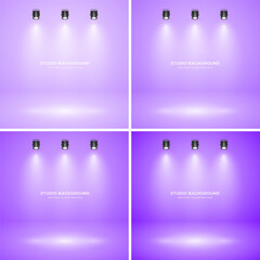 Empty violet studio abstract backgrounds with spotlight effect. Product showcase backdrop. Stage lighting. Vector illustration